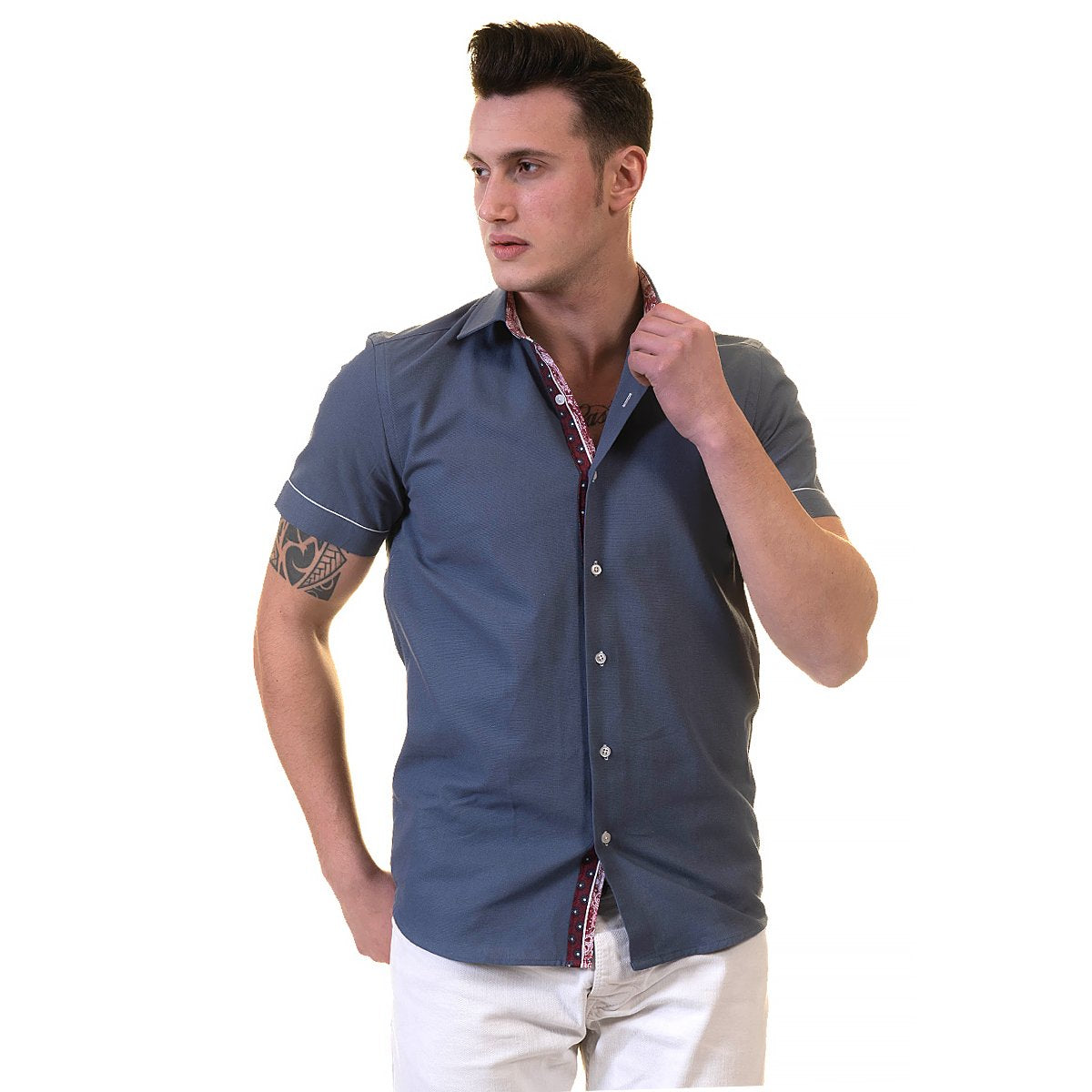 Dark Blue Mens Short Sleeve Button up Shirts - Tailored Slim Fit