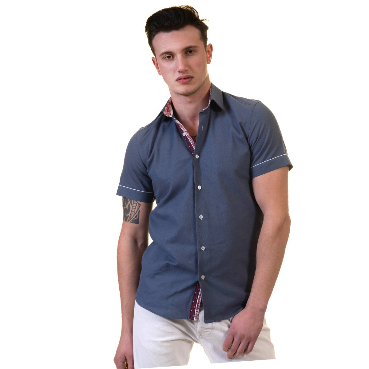 Dark Blue Mens Short Sleeve Button up Shirts - Tailored Slim Fit