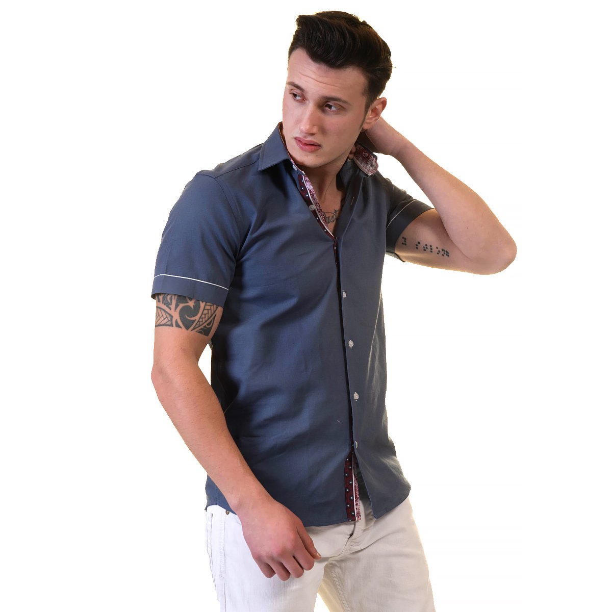 Dark Blue Mens Short Sleeve Button up Shirts - Tailored Slim Fit