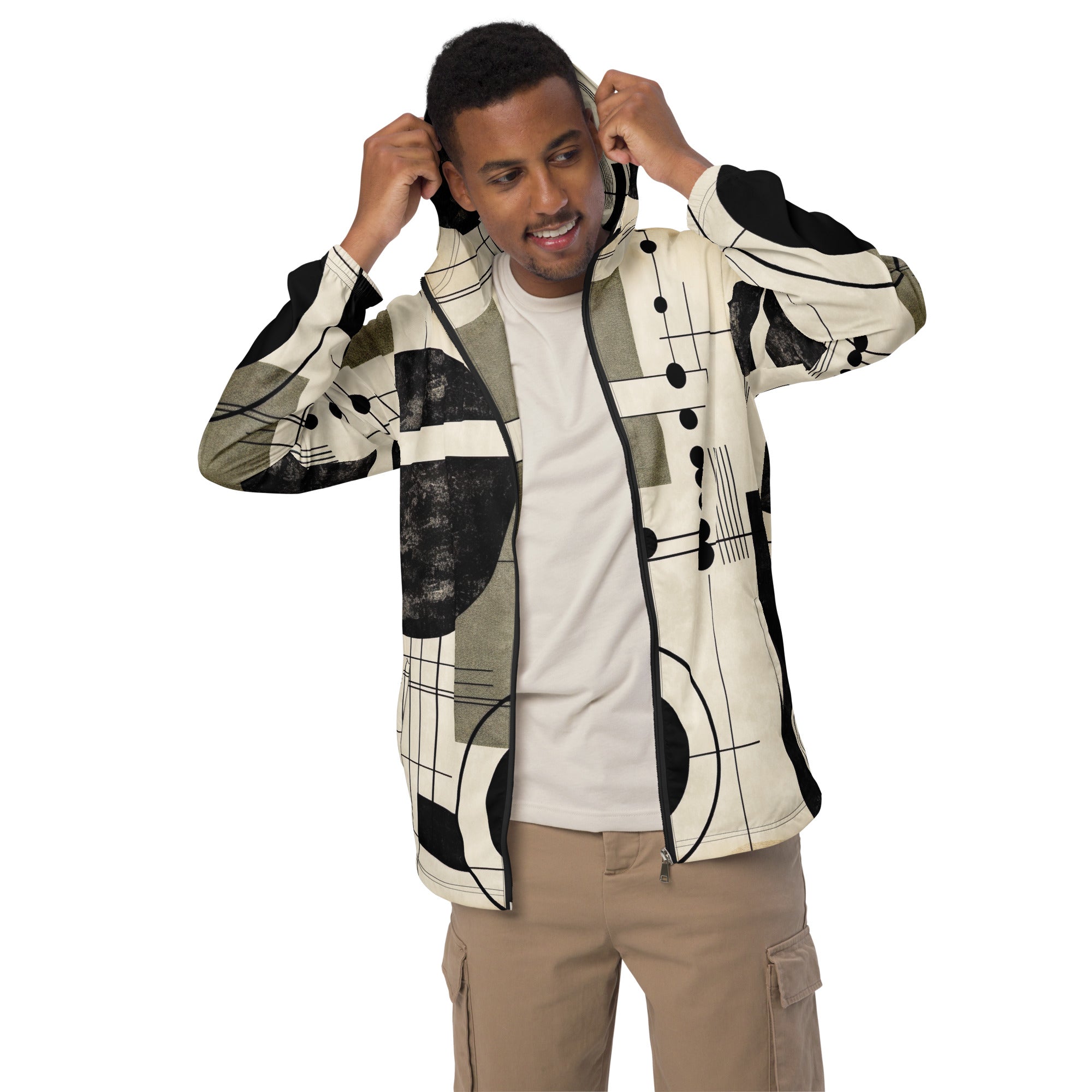 Mens Hooded Windbreaker Jacket, Abstract Black Beige Brown Geometric Grey Coco