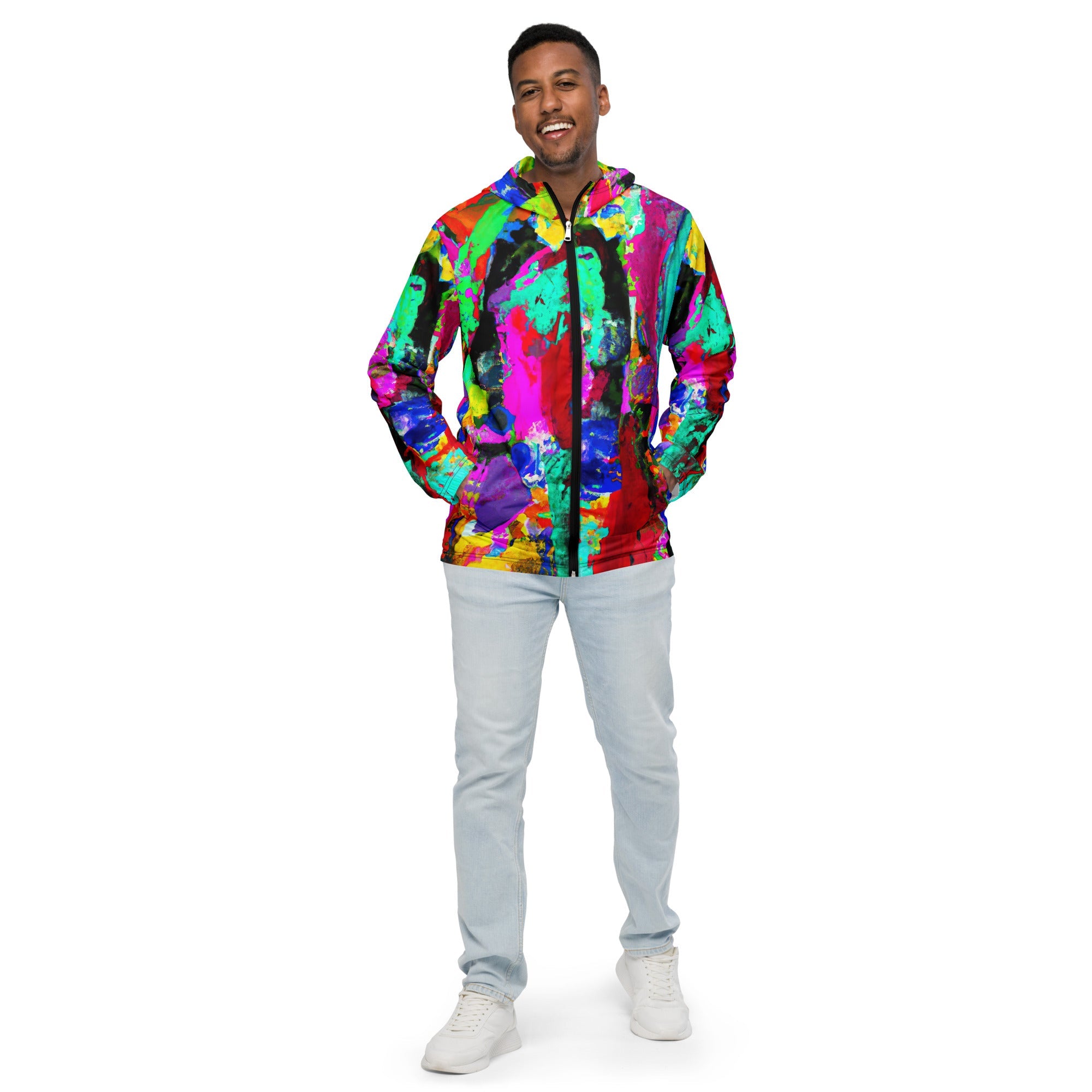 Mens Hooded Windbreaker Jacket, Multicolor Abstract Pattern 2