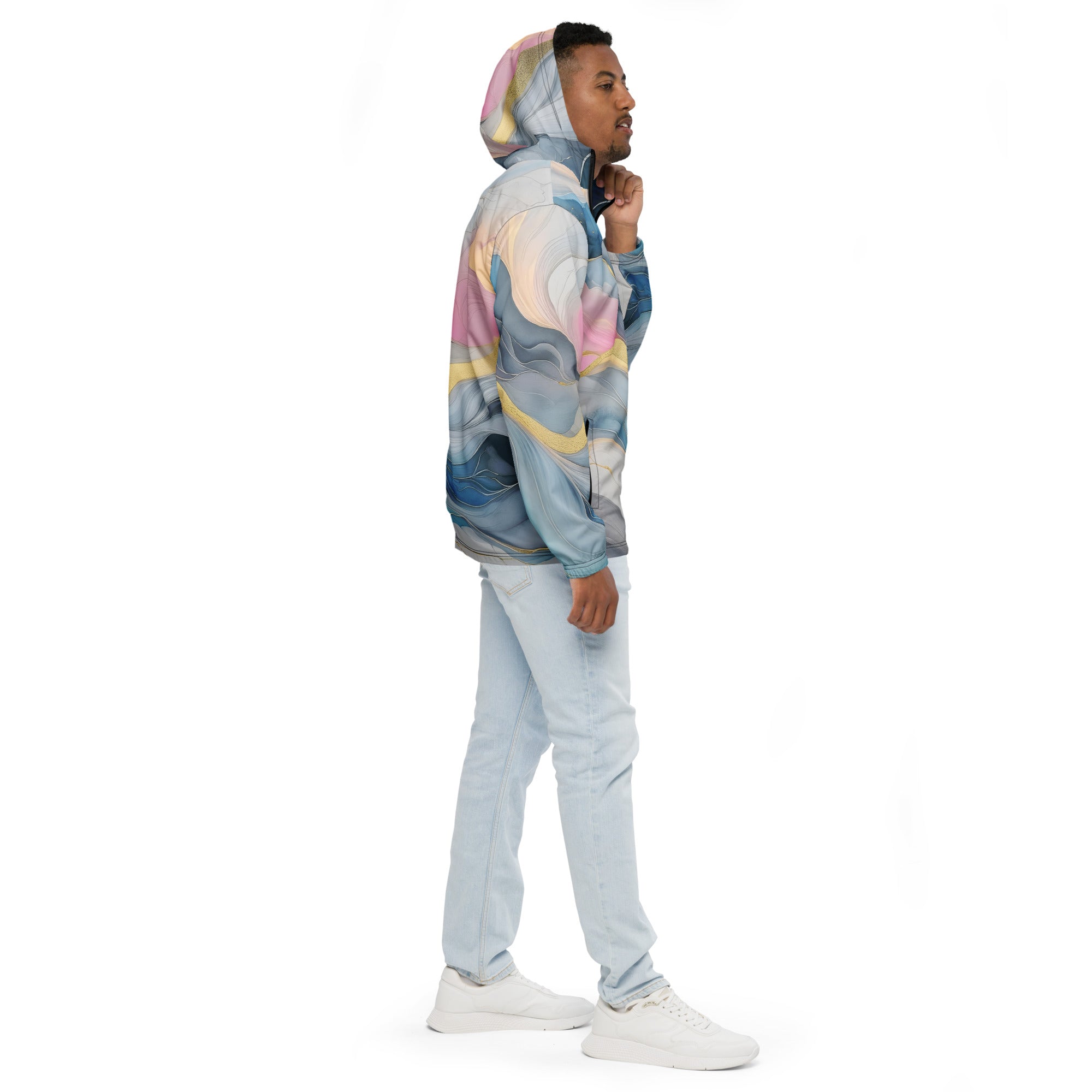 Mens Hooded Windbreaker Jacket, Marble Cloud Of Grey Pink Blue 72067