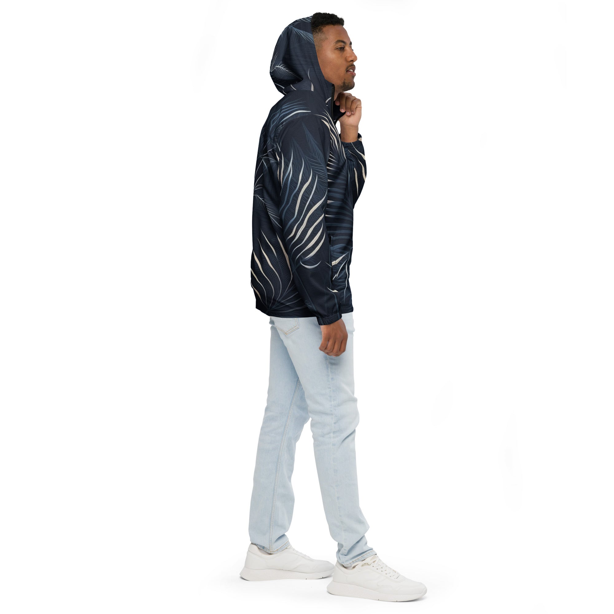 Mens Hooded Windbreaker Jacket, Blue White Palm Leaves