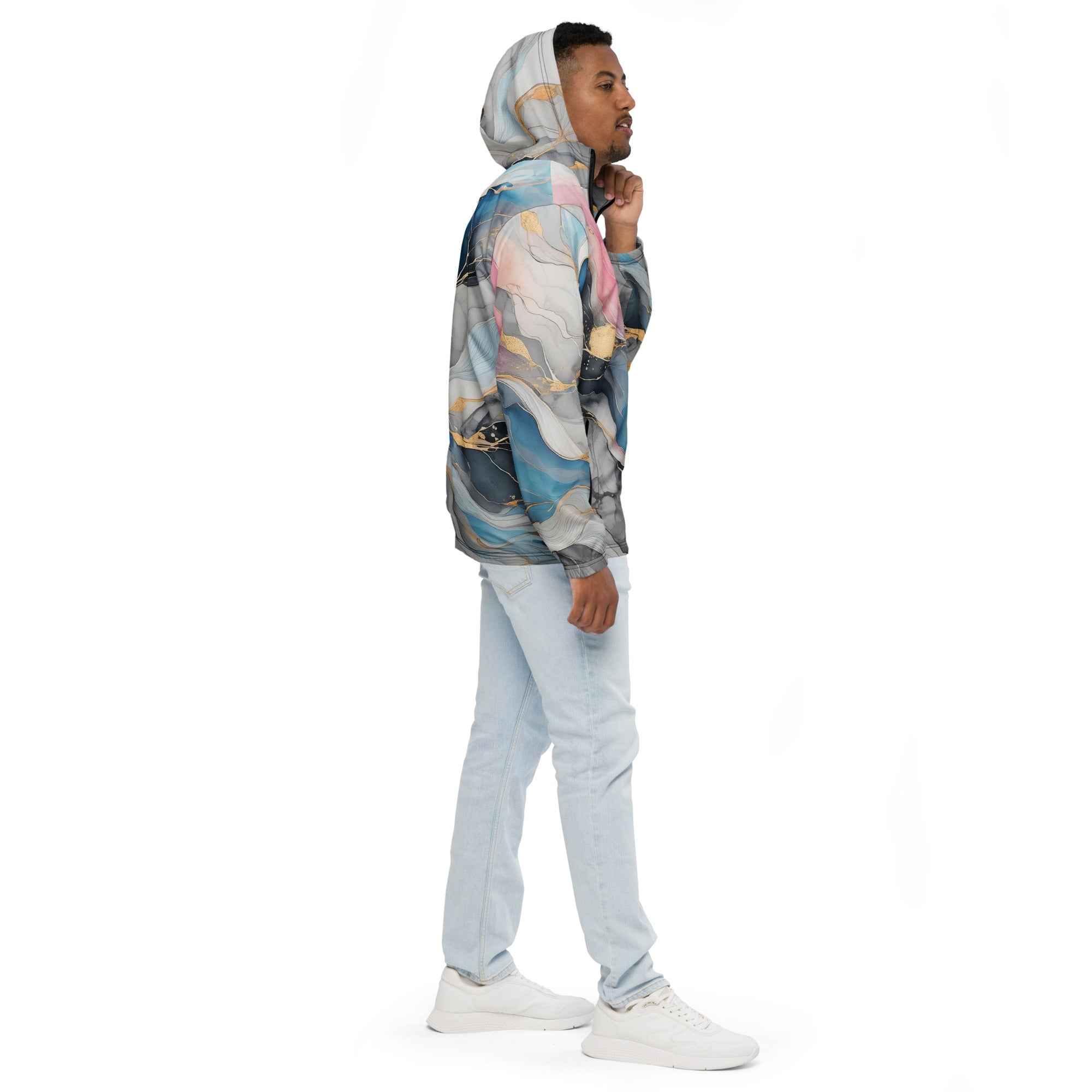 Mens Hooded Windbreaker Jacket, Marble Cloud Of Grey Pink Blue 63389