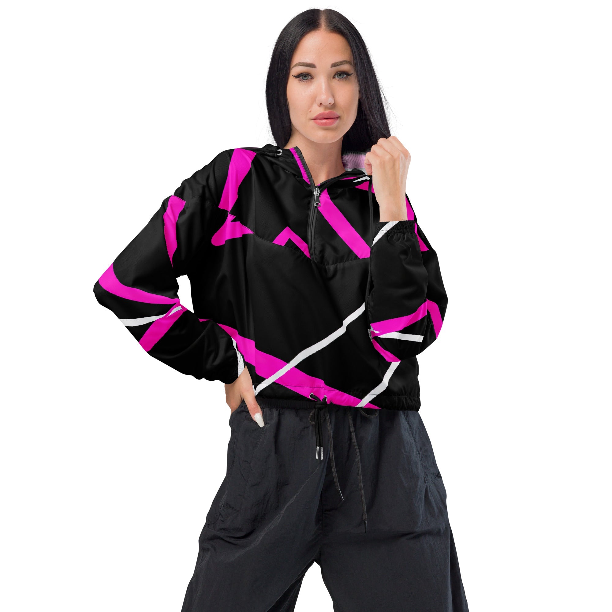 Womens Cropped Windbreaker Jacket, Black and Pink Pattern 2
