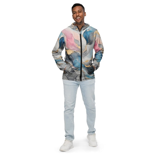 Mens Hooded Windbreaker Jacket, Marble Cloud Of Grey Pink Blue 63389