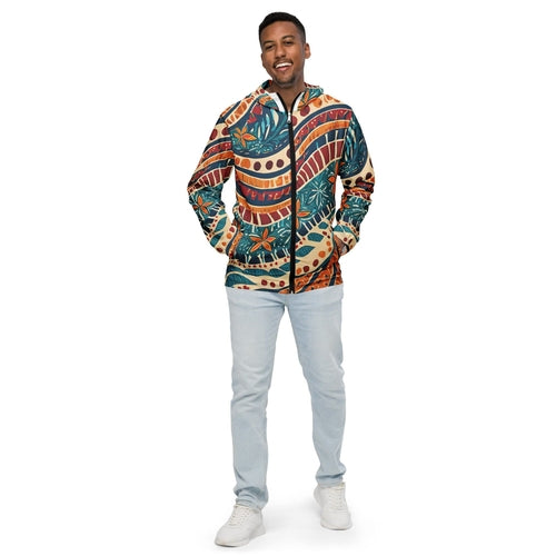 Mens Hooded Windbreaker Jacket, Tropical Floral Pattern 61374 Grey Coco