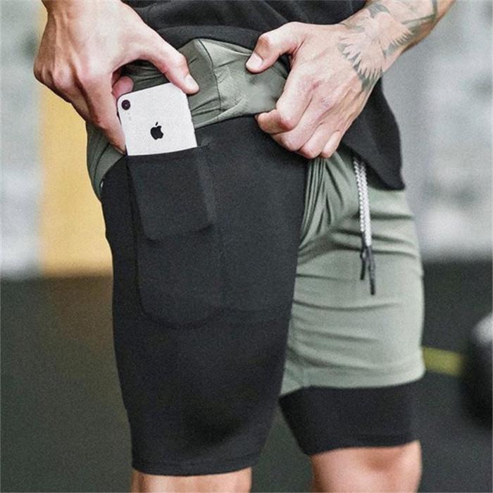 Men's 2 in 1 Running Shorts Jogging Gyms Fitness Training Quick Dry Jade