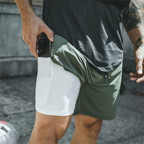 Men's 2 in 1 Running Shorts Jogging Gyms Fitness Training Quick Dry Jade