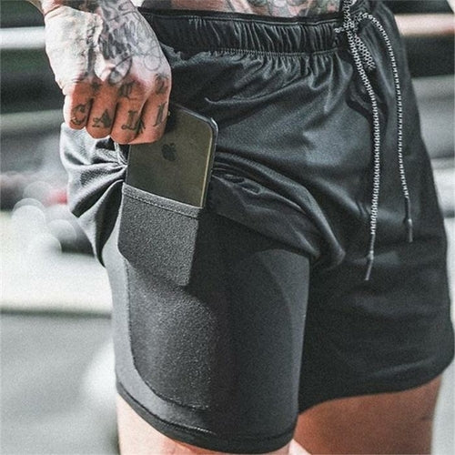 Men's 2 in 1 Running Shorts Jogging Gyms Fitness Training Quick Dry Jade