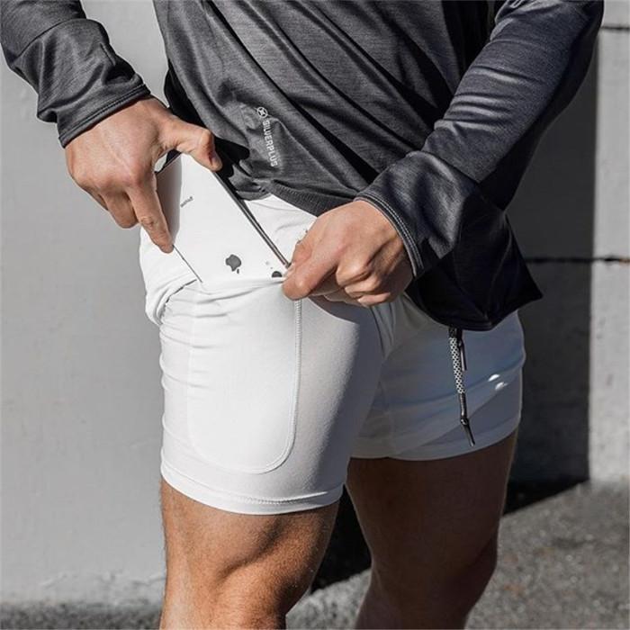 Men's 2 in 1 Running Shorts Jogging Gyms Fitness Training Quick Dry Jade